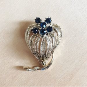 Vintage Gold & Blue Flower Rhinestone Brooch Pin